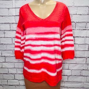 Talbots Womens Red Linen Blend Tie Dyed Striped V-Neck 3/4 Sleeve Top Medium
